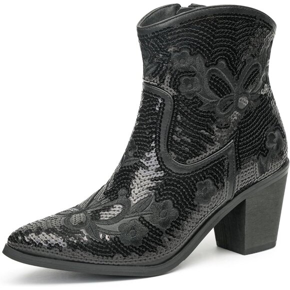 Jabasic Womens Black Western Ankle Shoes with Zipper Short Pointed Toe Booties - Picture 1 of 7